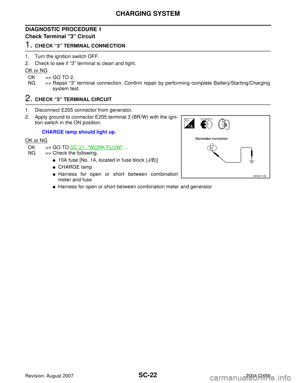 INFINITI QX56 2004  Factory Service Manual SC-22
CHARGING SYSTEM
Revision: August 20072004 QX56
DIAGNOSTIC PROCEDURE 1
Check Terminal "3" Circuit
1. CHECK “3” TERMINAL CONNECTION
1. Turn the ignition switch OFF.
2. Check to see if “3” 