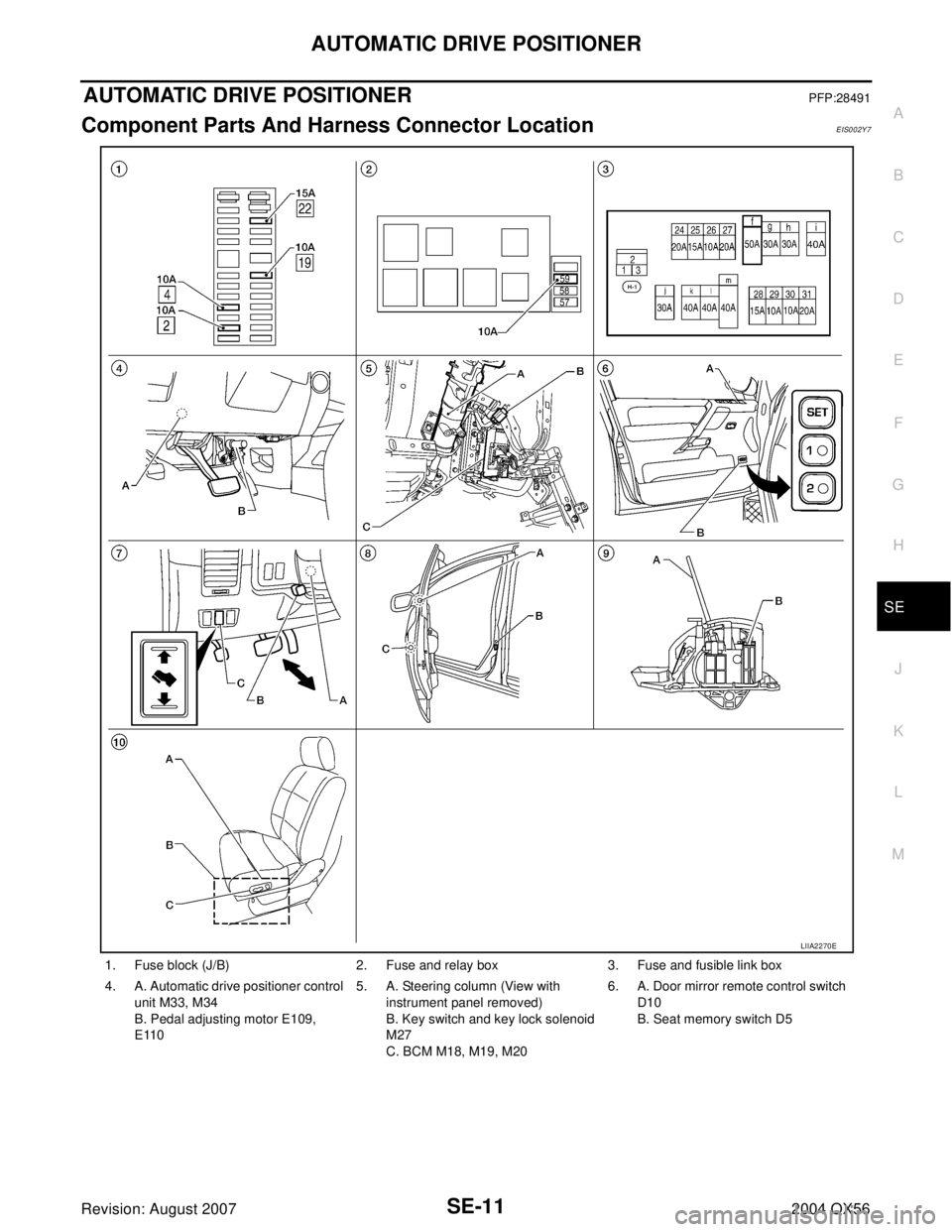 INFINITI QX56 2004  Factory Service Manual AUTOMATIC DRIVE POSITIONER
SE-11
C
D
E
F
G
H
J
K
L
MA
B
SE
Revision: August 20072004 QX56
AUTOMATIC DRIVE POSITIONERPFP:28491
Component Parts And Harness Connector LocationEIS002Y7
1. Fuse block (J/B)
