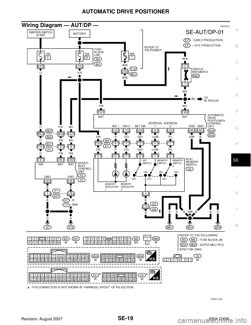 INFINITI QX56 2004  Factory Service Manual AUTOMATIC DRIVE POSITIONER
SE-19
C
D
E
F
G
H
J
K
L
MA
B
SE
Revision: August 20072004 QX56
Wiring Diagram — AUT/DP —EIS002YA
WIWA1102E 