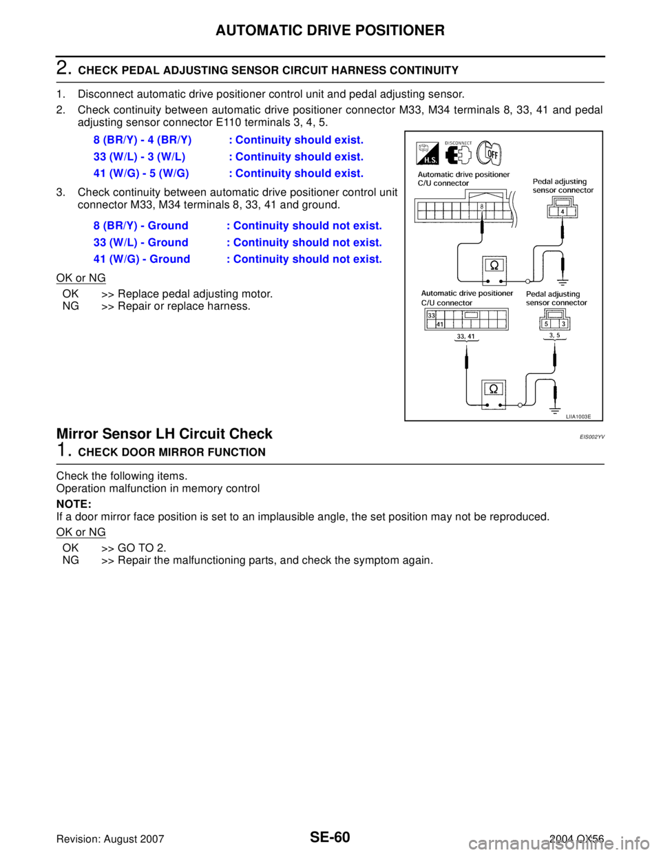 INFINITI QX56 2004  Factory Service Manual SE-60
AUTOMATIC DRIVE POSITIONER
Revision: August 20072004 QX56
2. CHECK PEDAL ADJUSTING SENSOR CIRCUIT HARNESS CONTINUITY
1. Disconnect automatic drive positioner control unit and pedal adjusting sen