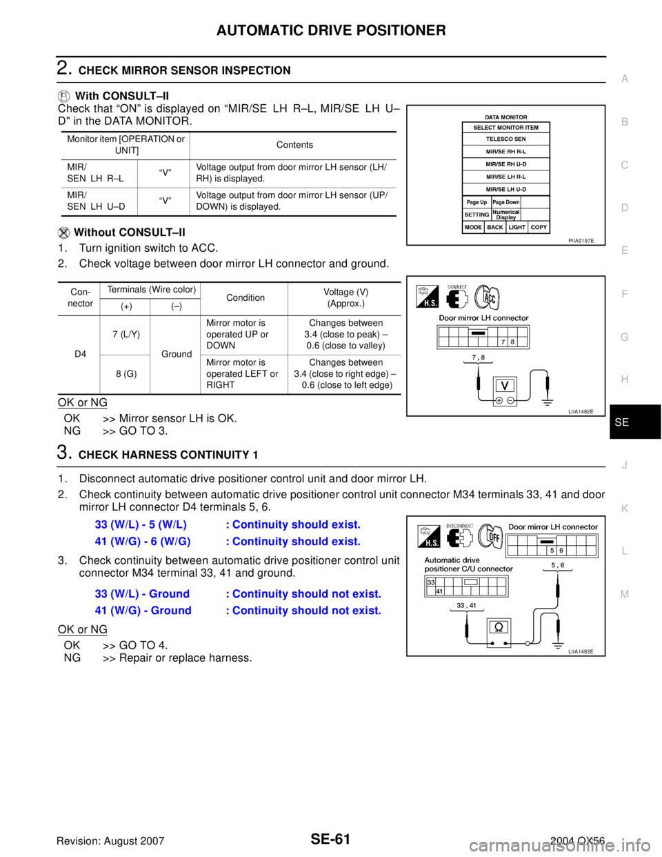 INFINITI QX56 2004  Factory Service Manual AUTOMATIC DRIVE POSITIONER
SE-61
C
D
E
F
G
H
J
K
L
MA
B
SE
Revision: August 20072004 QX56
2. CHECK MIRROR SENSOR INSPECTION
 With CONSULT–II
Check that “ON” is displayed on “MIR/SE LH R–L, M