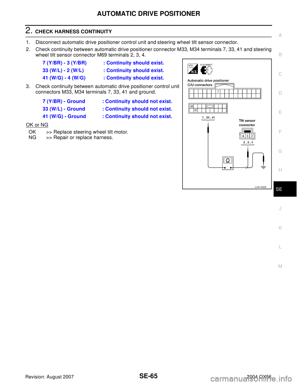 INFINITI QX56 2004  Factory Service Manual AUTOMATIC DRIVE POSITIONER
SE-65
C
D
E
F
G
H
J
K
L
MA
B
SE
Revision: August 20072004 QX56
2. CHECK HARNESS CONTINUITY
1. Disconnect automatic drive positioner control unit and steering wheel tilt sens