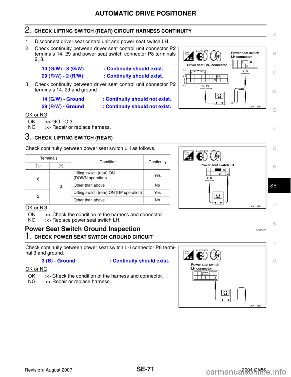 INFINITI QX56 2004 Factory Service Manual AUTOMATIC DRIVE POSITIONER
SE-71
C
D
E
F
G
H
J
K
L
MA
B
SE
Revision: August 20072004 QX56
2. CHECK LIFTING SWITCH (REAR) CIRCUIT HARNESS CONTINUITY
1. Disconnect driver seat control unit and power sea INFINITI QX56 2004 Factory Service Manual AUTOMATIC DRIVE POSITIONER
SE-71
C
D
E
F
G
H
J
K
L
MA
B
SE
Revision: August 20072004 QX56
2. CHECK LIFTING SWITCH (REAR) CIRCUIT HARNESS CONTINUITY
1. Disconnect driver seat control unit and power sea
