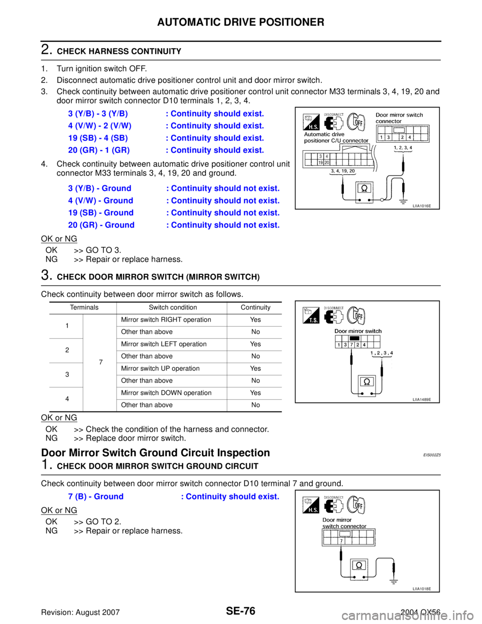 INFINITI QX56 2004 Factory Service Manual SE-76
AUTOMATIC DRIVE POSITIONER
Revision: August 20072004 QX56
2. CHECK HARNESS CONTINUITY
1. Turn ignition switch OFF.
2. Disconnect automatic drive positioner control unit and door mirror switch.
3 INFINITI QX56 2004 Factory Service Manual SE-76
AUTOMATIC DRIVE POSITIONER
Revision: August 20072004 QX56
2. CHECK HARNESS CONTINUITY
1. Turn ignition switch OFF.
2. Disconnect automatic drive positioner control unit and door mirror switch.
3