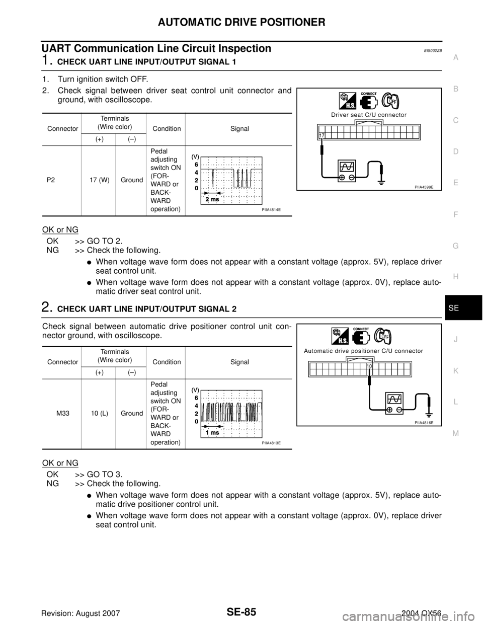 INFINITI QX56 2004 Factory Service Manual AUTOMATIC DRIVE POSITIONER
SE-85
C
D
E
F
G
H
J
K
L
MA
B
SE
Revision: August 20072004 QX56
UART Communication Line Circuit InspectionEIS002ZB
1. CHECK UART LINE INPUT/OUTPUT SIGNAL 1
1. Turn ignition s INFINITI QX56 2004 Factory Service Manual AUTOMATIC DRIVE POSITIONER
SE-85
C
D
E
F
G
H
J
K
L
MA
B
SE
Revision: August 20072004 QX56
UART Communication Line Circuit InspectionEIS002ZB
1. CHECK UART LINE INPUT/OUTPUT SIGNAL 1
1. Turn ignition s