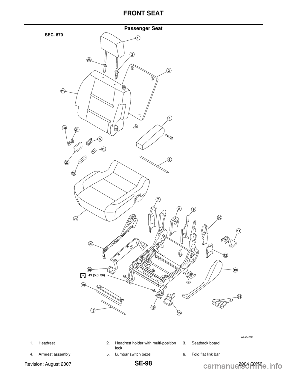 INFINITI QX56 2004  Factory Service Manual SE-98
FRONT SEAT
Revision: August 20072004 QX56
Passenger Seat
WIIA0476E
1. Headrest 2. Headrest holder with multi-position 
lock 3. Seatback board 
4. Armrest assembly 5. Lumbar switch bezel 6. Fold 