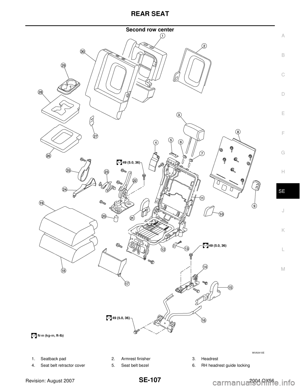 INFINITI QX56 2004  Factory Service Manual REAR SEAT
SE-107
C
D
E
F
G
H
J
K
L
MA
B
SE
Revision: August 20072004 QX56
Second row center
WIIA0410E
1. Seatback pad 2. Armrest finisher 3. Headrest
4. Seat belt retractor cover 5. Seat belt bezel  6