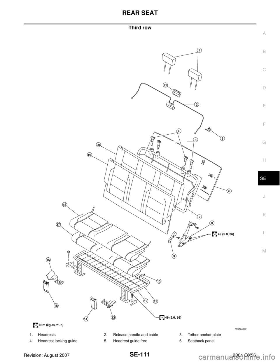 INFINITI QX56 2004  Factory Service Manual REAR SEAT
SE-111
C
D
E
F
G
H
J
K
L
MA
B
SE
Revision: August 20072004 QX56
Third row
WIIA0412E
1. Headrests 2. Release handle and cable 3. Tether anchor plate
4. Headrest locking guide 5. Headrest guid