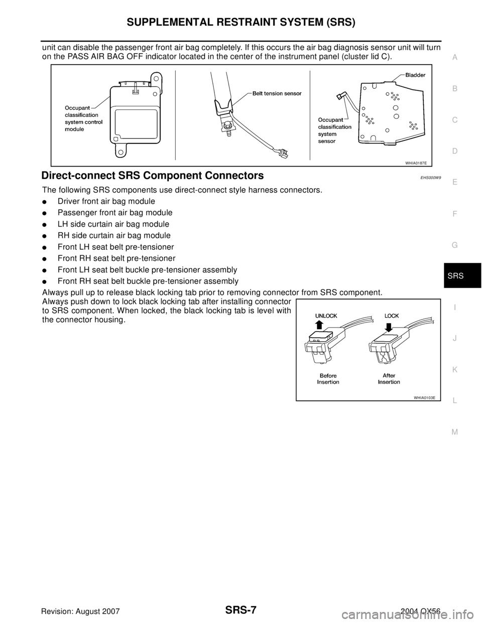 INFINITI QX56 2004  Factory Service Manual SUPPLEMENTAL RESTRAINT SYSTEM (SRS)
SRS-7
C
D
E
F
G
I
J
K
L
MA
B
SRS
Revision: August 20072004 QX56
unit can disable the passenger front air bag completely. If this occurs the air bag diagnosis sensor