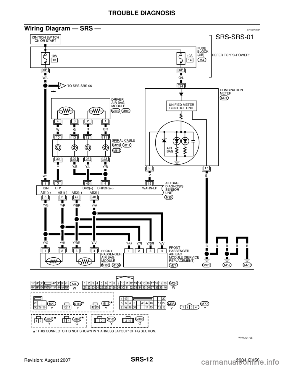 INFINITI QX56 2004  Factory Service Manual SRS-12
TROUBLE DIAGNOSIS
Revision: August 20072004 QX56
Wiring Diagram — SRS —EHS000WD
WHWA0179E 