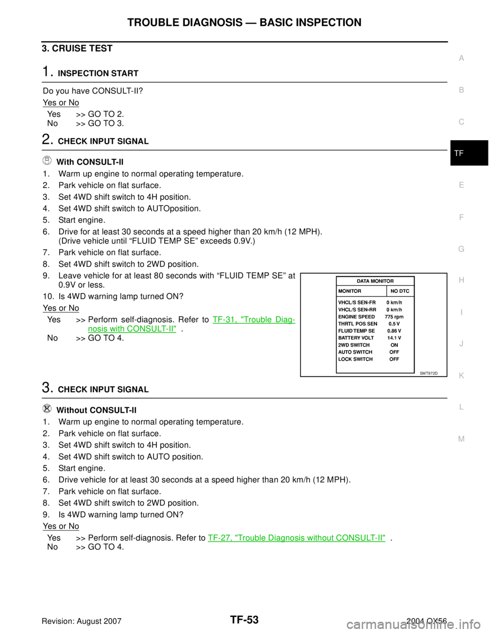 INFINITI QX56 2004 Factory Service Manual TROUBLE DIAGNOSIS — BASIC INSPECTION
TF-53
C
E
F
G
H
I
J
K
L
MA
B
TF
Revision: August 20072004 QX56
3. CRUISE TEST
1. INSPECTION START
Do you have CONSULT-II?
Ye s o r N o
Yes >> GO TO 2.
No >> GO INFINITI QX56 2004 Factory Service Manual TROUBLE DIAGNOSIS — BASIC INSPECTION
TF-53
C
E
F
G
H
I
J
K
L
MA
B
TF
Revision: August 20072004 QX56
3. CRUISE TEST
1. INSPECTION START
Do you have CONSULT-II?
Ye s o r N o
Yes >> GO TO 2.
No >> GO