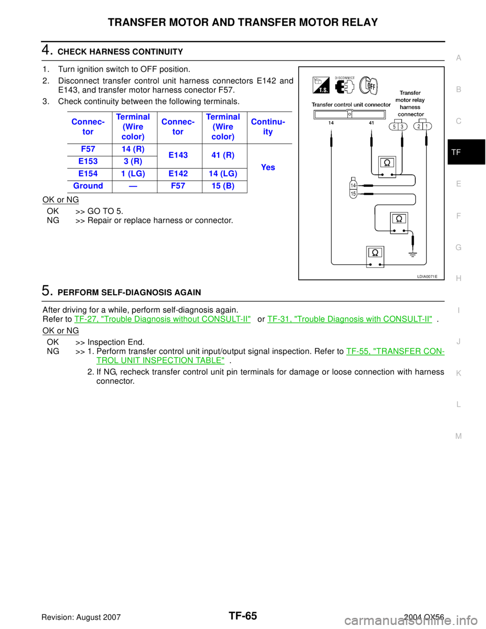 INFINITI QX56 2004 Factory Service Manual TRANSFER MOTOR AND TRANSFER MOTOR RELAY
TF-65
C
E
F
G
H
I
J
K
L
MA
B
TF
Revision: August 20072004 QX56
4. CHECK HARNESS CONTINUITY
1. Turn ignition switch to OFF position.
2. Disconnect transfer contr INFINITI QX56 2004 Factory Service Manual TRANSFER MOTOR AND TRANSFER MOTOR RELAY
TF-65
C
E
F
G
H
I
J
K
L
MA
B
TF
Revision: August 20072004 QX56
4. CHECK HARNESS CONTINUITY
1. Turn ignition switch to OFF position.
2. Disconnect transfer contr