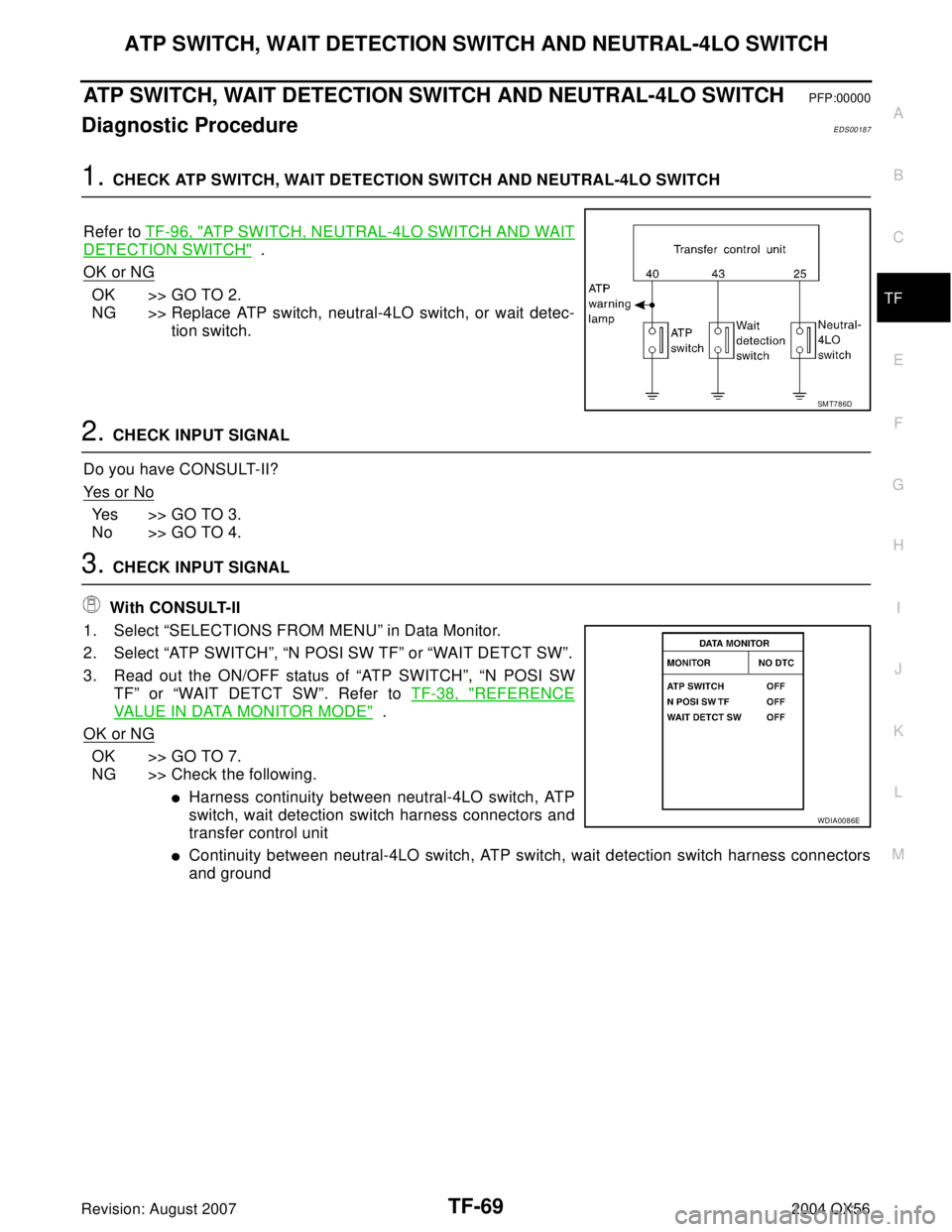 INFINITI QX56 2004  Factory Service Manual ATP SWITCH, WAIT DETECTION SWITCH AND NEUTRAL-4LO SWITCH
TF-69
C
E
F
G
H
I
J
K
L
MA
B
TF
Revision: August 20072004 QX56
ATP SWITCH, WAIT DETECTION SWITCH AND NEUTRAL-4LO SWITCHPFP:00000
Diagnostic Pro