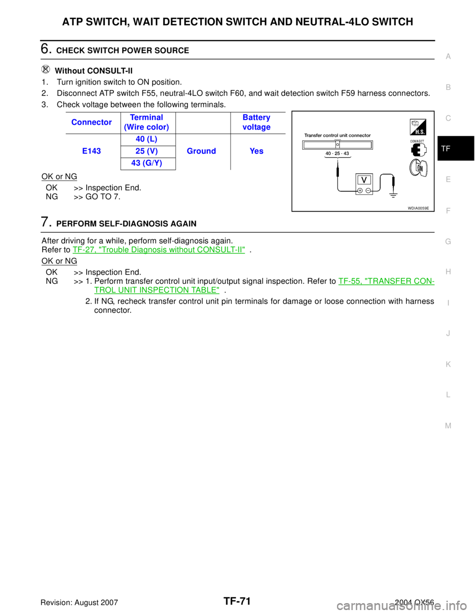 INFINITI QX56 2004  Factory Service Manual ATP SWITCH, WAIT DETECTION SWITCH AND NEUTRAL-4LO SWITCH
TF-71
C
E
F
G
H
I
J
K
L
MA
B
TF
Revision: August 20072004 QX56
6. CHECK SWITCH POWER SOURCE
 Without CONSULT-II
1. Turn ignition switch to ON p