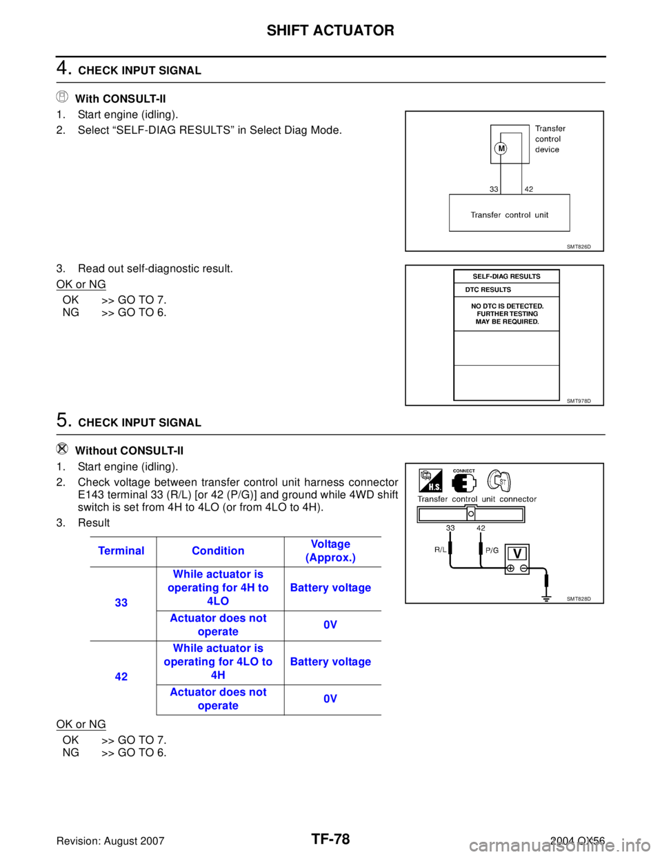 INFINITI QX56 2004  Factory Service Manual TF-78
SHIFT ACTUATOR
Revision: August 20072004 QX56
4. CHECK INPUT SIGNAL
 With CONSULT-II
1. Start engine (idling).
2. Select “SELF-DIAG RESULTS” in Select Diag Mode.
3. Read out self-diagnostic 