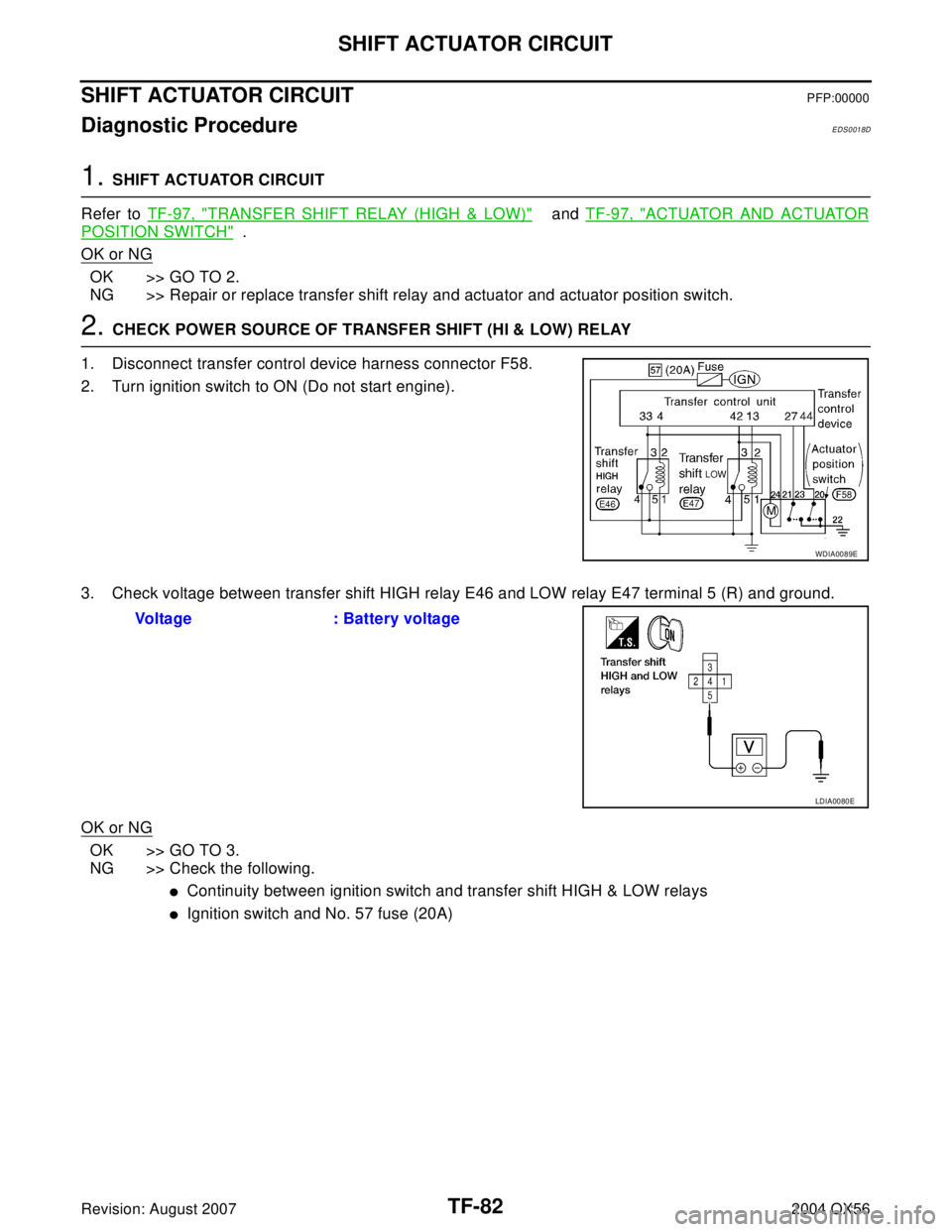INFINITI QX56 2004  Factory Service Manual TF-82
SHIFT ACTUATOR CIRCUIT
Revision: August 20072004 QX56
SHIFT ACTUATOR CIRCUITPFP:00000
Diagnostic ProcedureEDS0018D
1. SHIFT ACTUATOR CIRCUIT
Refer to TF-97, "
TRANSFER SHIFT RELAY (HIGH & LOW)" 