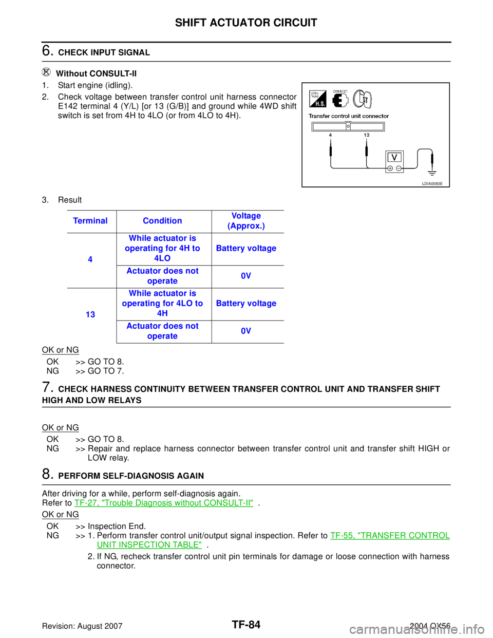 INFINITI QX56 2004 Factory Service Manual TF-84
SHIFT ACTUATOR CIRCUIT
Revision: August 20072004 QX56
6. CHECK INPUT SIGNAL
Without CONSULT-II
1. Start engine (idling).
2. Check voltage between transfer control unit harness connector
E142 te INFINITI QX56 2004 Factory Service Manual TF-84
SHIFT ACTUATOR CIRCUIT
Revision: August 20072004 QX56
6. CHECK INPUT SIGNAL
Without CONSULT-II
1. Start engine (idling).
2. Check voltage between transfer control unit harness connector
E142 te