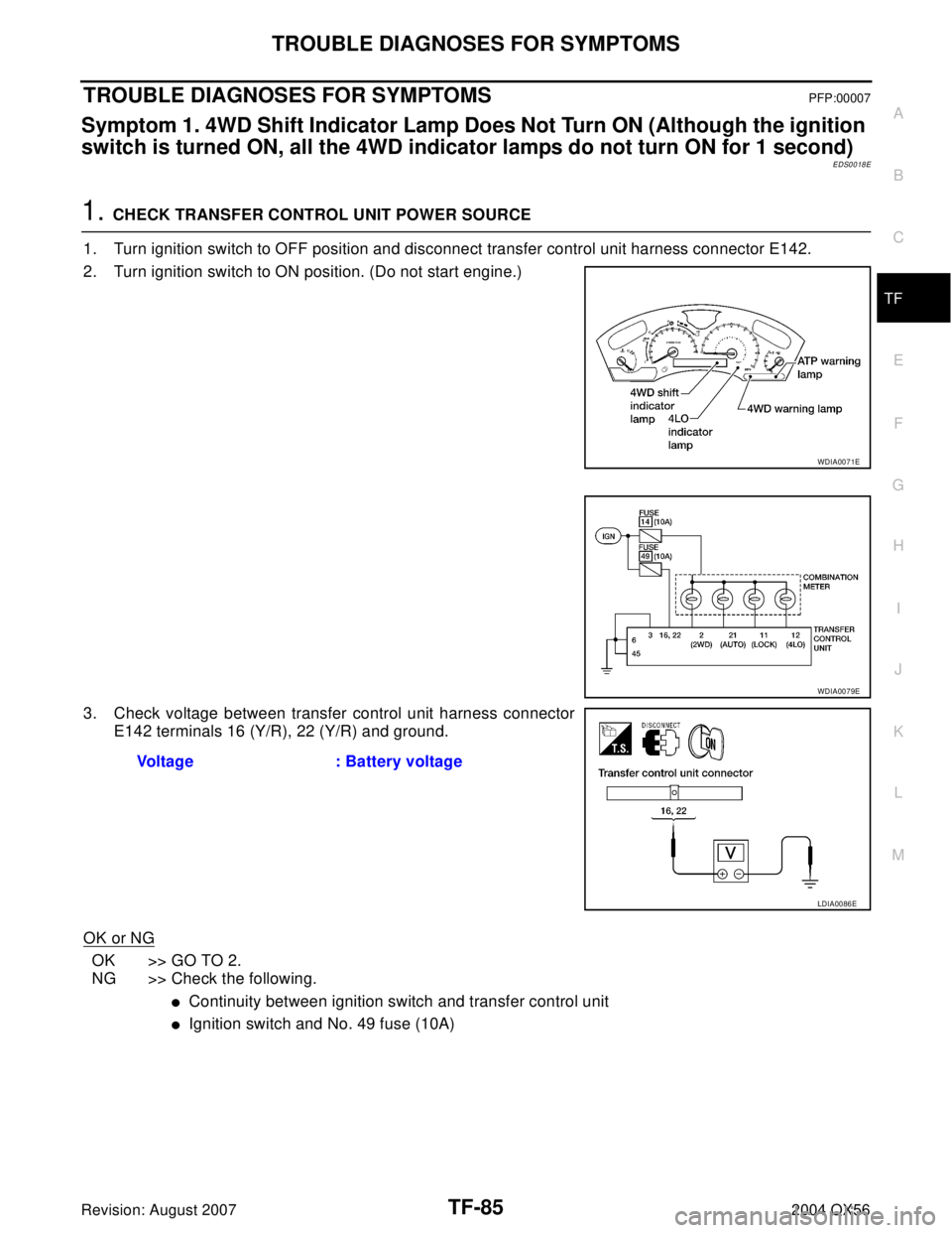INFINITI QX56 2004  Factory Service Manual TROUBLE DIAGNOSES FOR SYMPTOMS
TF-85
C
E
F
G
H
I
J
K
L
MA
B
TF
Revision: August 20072004 QX56
TROUBLE DIAGNOSES FOR SYMPTOMSPFP:00007
Symptom 1. 4WD Shift Indicator Lamp Does Not Turn ON (Although the