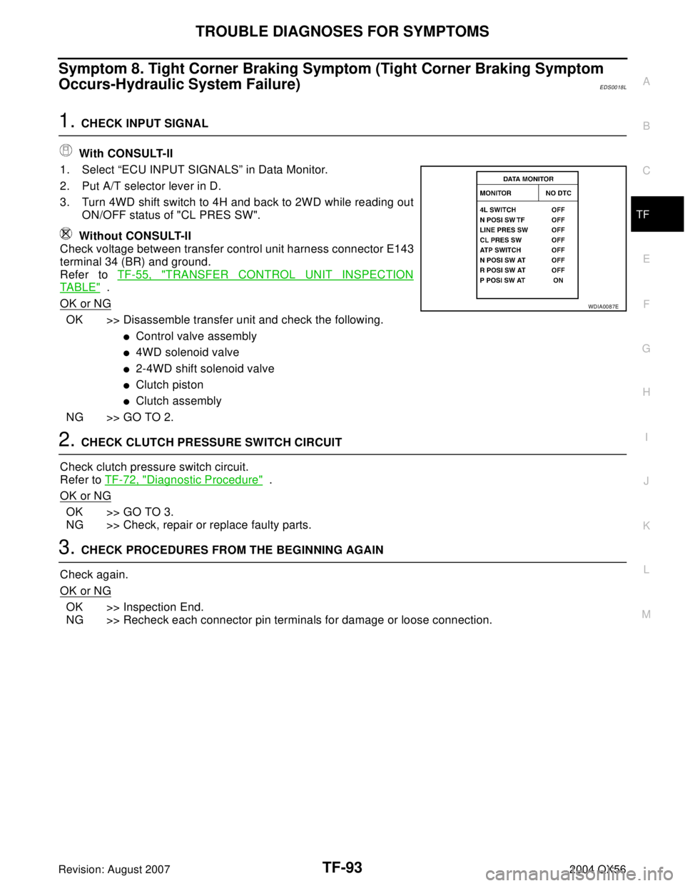 INFINITI QX56 2004 Factory Service Manual TROUBLE DIAGNOSES FOR SYMPTOMS
TF-93
C
E
F
G
H
I
J
K
L
MA
B
TF
Revision: August 20072004 QX56
Symptom 8. Tight Corner Braking Symptom (Tight Corner Braking Symptom
Occurs-Hydraulic System Failure)
ED INFINITI QX56 2004 Factory Service Manual TROUBLE DIAGNOSES FOR SYMPTOMS
TF-93
C
E
F
G
H
I
J
K
L
MA
B
TF
Revision: August 20072004 QX56
Symptom 8. Tight Corner Braking Symptom (Tight Corner Braking Symptom
Occurs-Hydraulic System Failure)
ED