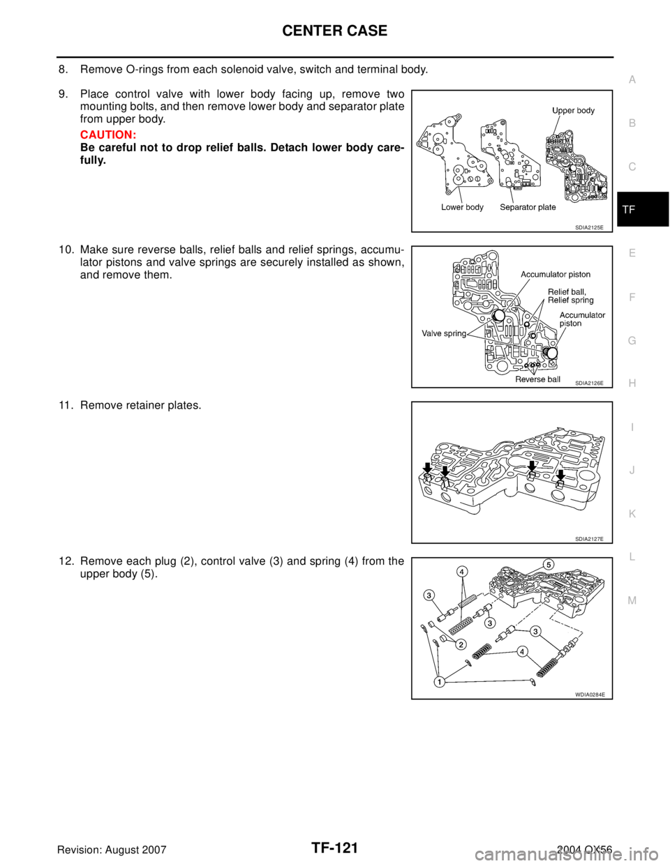 INFINITI QX56 2004  Factory Service Manual CENTER CASE
TF-121
C
E
F
G
H
I
J
K
L
MA
B
TF
Revision: August 20072004 QX56
8. Remove O-rings from each solenoid valve, switch and terminal body.
9. Place control valve with lower body facing up, remo