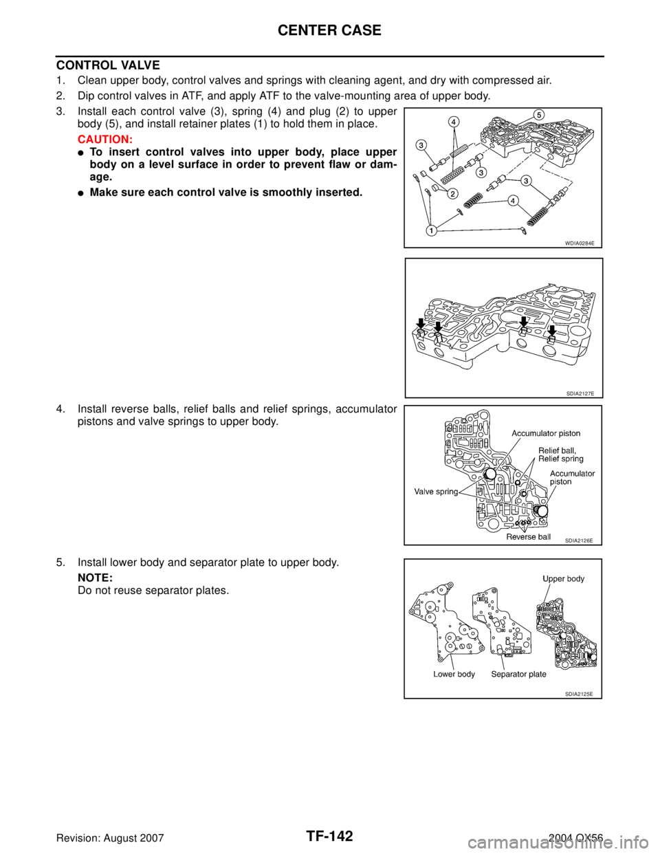 INFINITI QX56 2004  Factory Service Manual TF-142
CENTER CASE
Revision: August 20072004 QX56
CONTROL VALVE
1. Clean upper body, control valves and springs with cleaning agent, and dry with compressed air.
2. Dip control valves in ATF, and appl