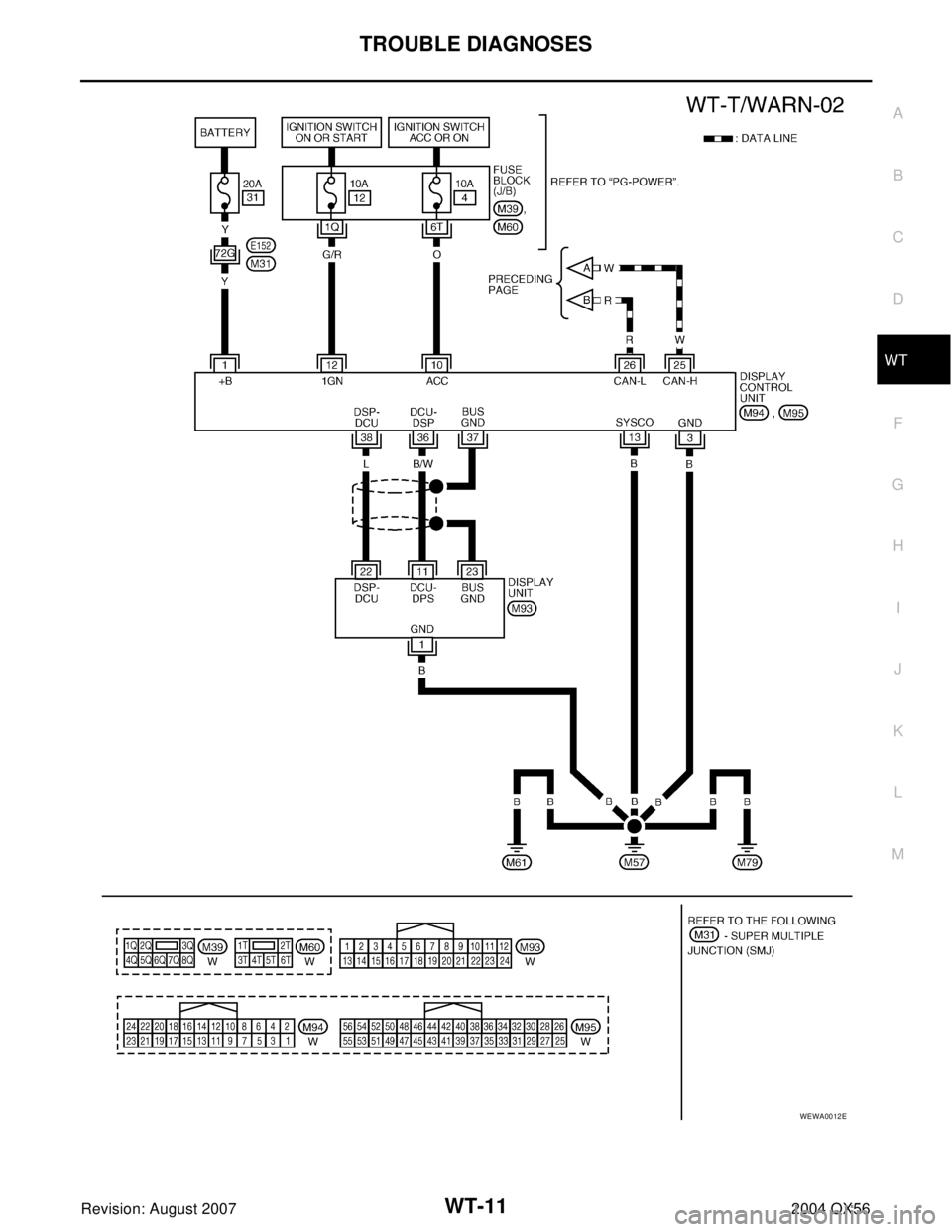 INFINITI QX56 2004  Factory Service Manual TROUBLE DIAGNOSES
WT-11
C
D
F
G
H
I
J
K
L
MA
B
WT
Revision: August 20072004 QX56
WEWA0012E 