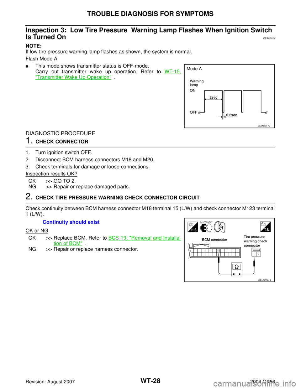 INFINITI QX56 2004  Factory Service Manual WT-28
TROUBLE DIAGNOSIS FOR SYMPTOMS
Revision: August 20072004 QX56
Inspection 3:  Low Tire Pressure  Warning Lamp Flashes When Ignition Switch 
Is Turned On
EES0012N
NOTE:
If low tire pressure warnin