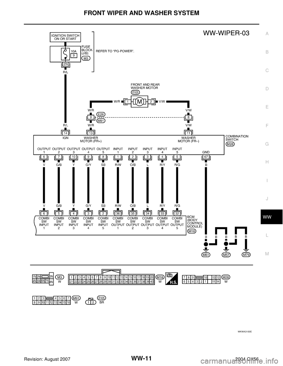 INFINITI QX56 2004  Factory Service Manual FRONT WIPER AND WASHER SYSTEM
WW-11
C
D
E
F
G
H
I
J
L
MA
B
WW
Revision: August 20072004 QX56
WKWA3100E 