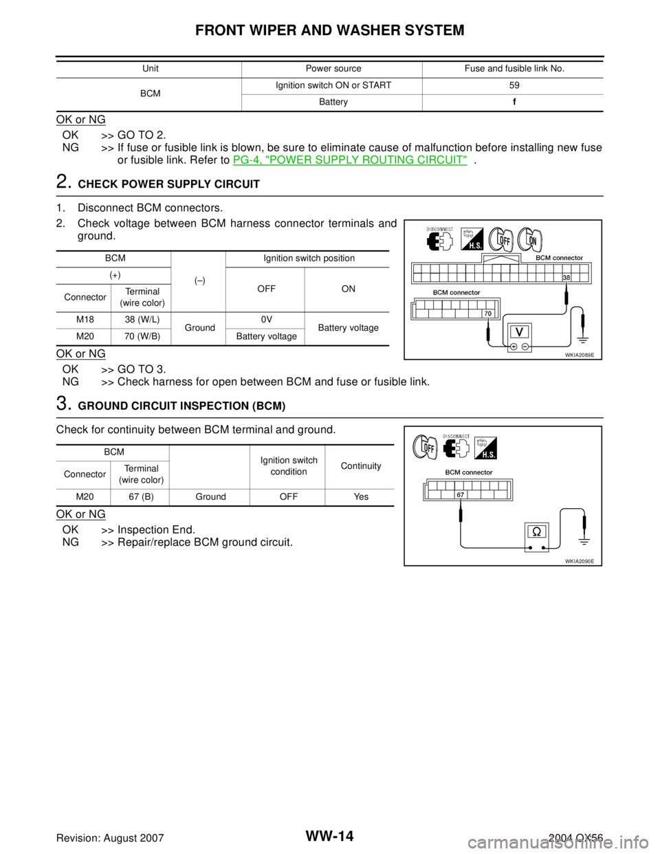 INFINITI QX56 2004  Factory Service Manual WW-14
FRONT WIPER AND WASHER SYSTEM
Revision: August 20072004 QX56
OK or NG
OK >> GO TO 2.
NG >> If fuse or fusible link is blown, be sure to eliminate cause of malfunction before installing new fuse
