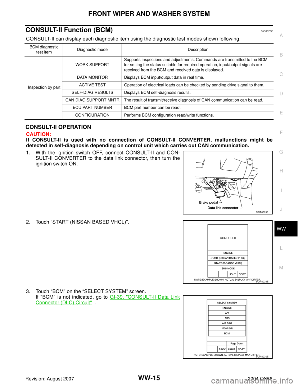 INFINITI QX56 2004  Factory Service Manual FRONT WIPER AND WASHER SYSTEM
WW-15
C
D
E
F
G
H
I
J
L
MA
B
WW
Revision: August 20072004 QX56
CONSULT-II Function (BCM)EKS007FE
CONSULT-II can display each diagnostic item using the diagnostic test mod