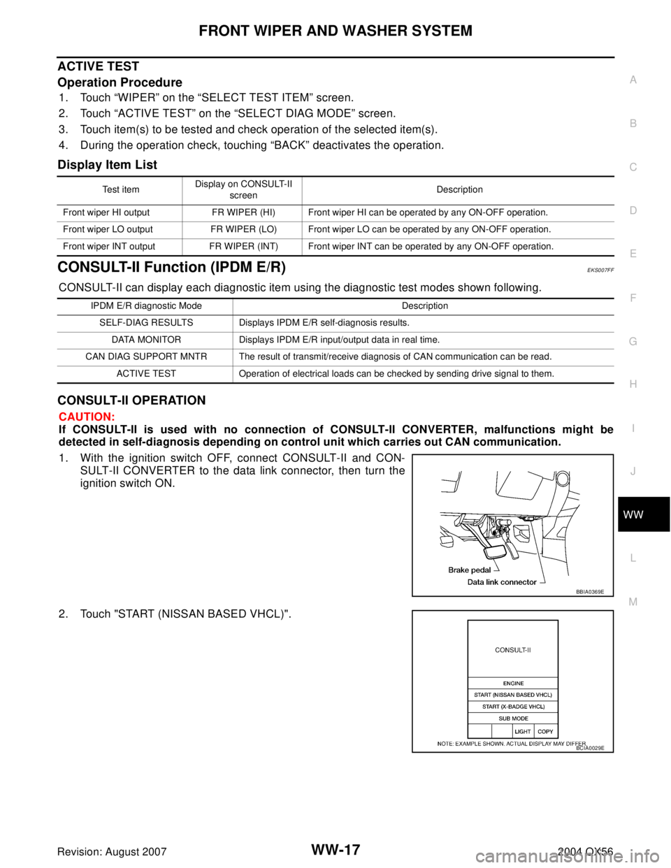 INFINITI QX56 2004 Factory Service Manual FRONT WIPER AND WASHER SYSTEM
WW-17
C
D
E
F
G
H
I
J
L
MA
B
WW
Revision: August 20072004 QX56
ACTIVE TEST
Operation Procedure
1. Touch “WIPER” on the “SELECT TEST ITEM” screen.
2. Touch “ACTI INFINITI QX56 2004 Factory Service Manual FRONT WIPER AND WASHER SYSTEM
WW-17
C
D
E
F
G
H
I
J
L
MA
B
WW
Revision: August 20072004 QX56
ACTIVE TEST
Operation Procedure
1. Touch “WIPER” on the “SELECT TEST ITEM” screen.
2. Touch “ACTI