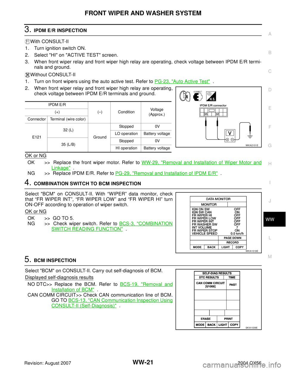 INFINITI QX56 2004 Factory Service Manual FRONT WIPER AND WASHER SYSTEM
WW-21
C
D
E
F
G
H
I
J
L
MA
B
WW
Revision: August 20072004 QX56
3. IPDM E/R INSPECTION
With CONSULT-II
1. Turn ignition switch ON.
2. Select "HI" on "ACTIVE TEST" screen.
INFINITI QX56 2004 Factory Service Manual FRONT WIPER AND WASHER SYSTEM
WW-21
C
D
E
F
G
H
I
J
L
MA
B
WW
Revision: August 20072004 QX56
3. IPDM E/R INSPECTION
With CONSULT-II
1. Turn ignition switch ON.
2. Select "HI" on "ACTIVE TEST" screen.