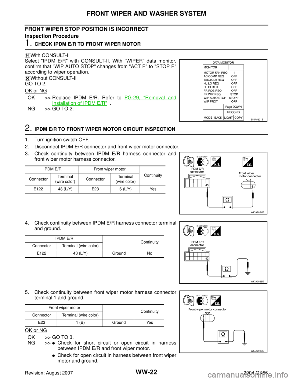 INFINITI QX56 2004 Factory Service Manual WW-22
FRONT WIPER AND WASHER SYSTEM
Revision: August 20072004 QX56
FRONT WIPER STOP POSITION IS INCORRECT
Inspection Procedure
1. CHECK IPDM E/R TO FRONT WIPER MOTOR
With CONSULT-II
Select "IPDM E/R" INFINITI QX56 2004 Factory Service Manual WW-22
FRONT WIPER AND WASHER SYSTEM
Revision: August 20072004 QX56
FRONT WIPER STOP POSITION IS INCORRECT
Inspection Procedure
1. CHECK IPDM E/R TO FRONT WIPER MOTOR
With CONSULT-II
Select "IPDM E/R"