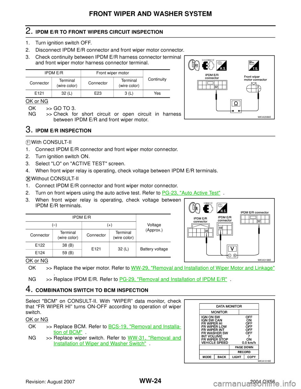 INFINITI QX56 2004  Factory Service Manual WW-24
FRONT WIPER AND WASHER SYSTEM
Revision: August 20072004 QX56
2. IPDM E/R TO FRONT WIPERS CIRCUIT INSPECTION
1. Turn ignition switch OFF.
2. Disconnect IPDM E/R connector and front wiper motor co