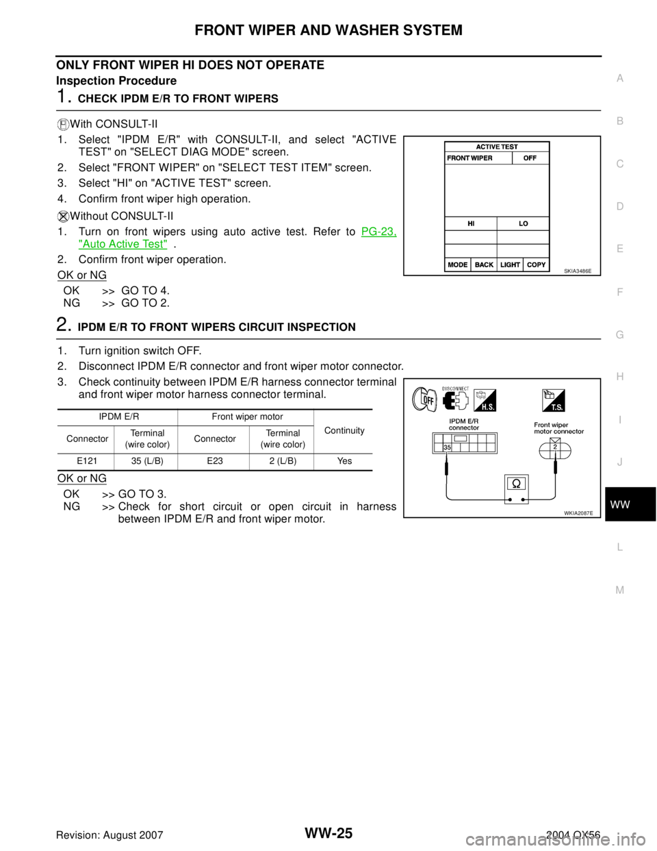 INFINITI QX56 2004  Factory Service Manual FRONT WIPER AND WASHER SYSTEM
WW-25
C
D
E
F
G
H
I
J
L
MA
B
WW
Revision: August 20072004 QX56
ONLY FRONT WIPER HI DOES NOT OPERATE
Inspection Procedure
1. CHECK IPDM E/R TO FRONT WIPERS
With CONSULT-II
