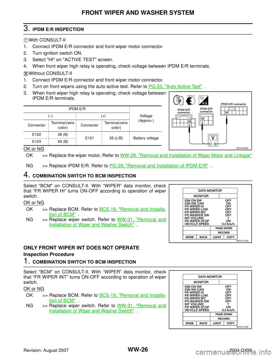 INFINITI QX56 2004  Factory Service Manual WW-26
FRONT WIPER AND WASHER SYSTEM
Revision: August 20072004 QX56
3. IPDM E/R INSPECTION
With CONSULT-II
1. Connect IPDM E/R connector and front wiper motor connector.
2. Turn ignition switch ON.
3. 