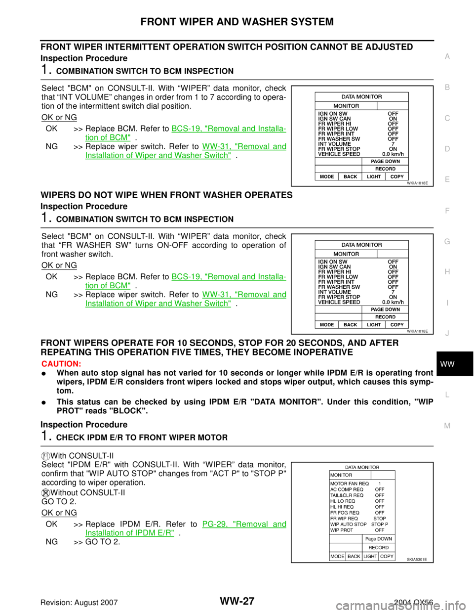 INFINITI QX56 2004  Factory Service Manual FRONT WIPER AND WASHER SYSTEM
WW-27
C
D
E
F
G
H
I
J
L
MA
B
WW
Revision: August 20072004 QX56
FRONT WIPER INTERMITTENT OPERATION SWITCH POSITION CANNOT BE ADJUSTED
Inspection Procedure
1. COMBINATION S