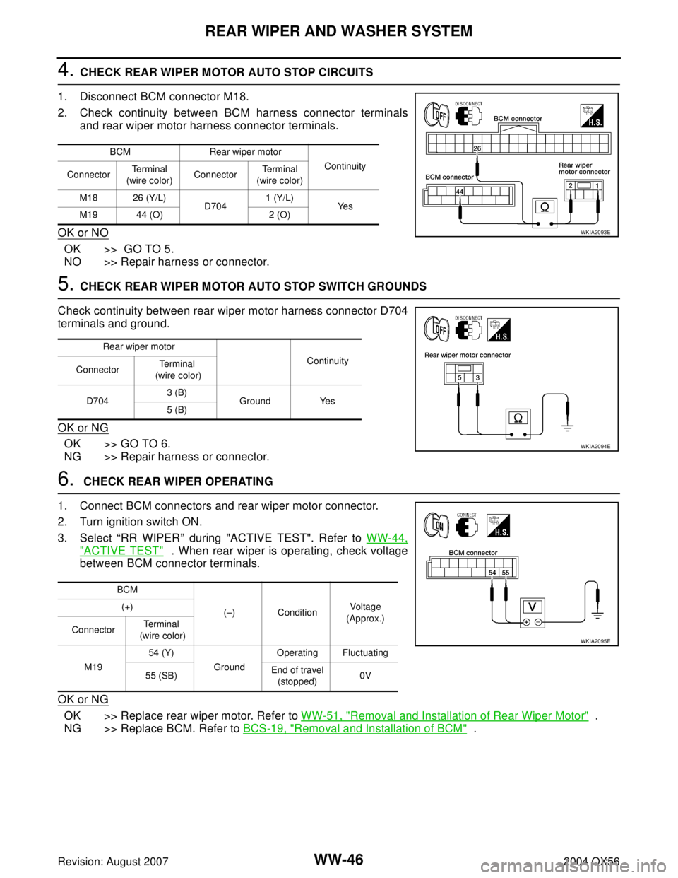 INFINITI QX56 2004  Factory Service Manual WW-46
REAR WIPER AND WASHER SYSTEM
Revision: August 20072004 QX56
4. CHECK REAR WIPER MOTOR AUTO STOP CIRCUITS
1. Disconnect BCM connector M18.
2. Check continuity between BCM harness connector termin