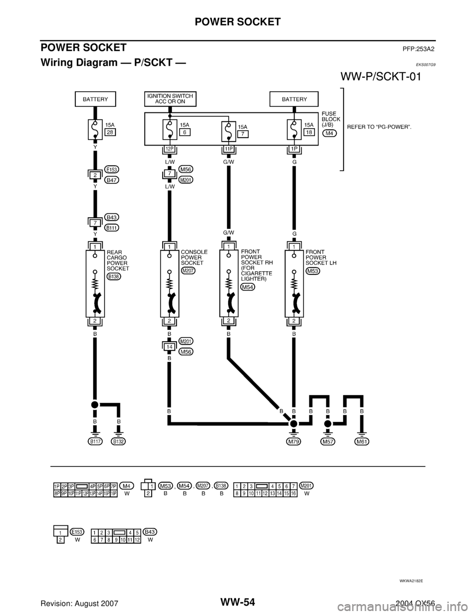 INFINITI QX56 2004  Factory Service Manual WW-54
POWER SOCKET
Revision: August 20072004 QX56
POWER SOCKETPFP:253A2
Wiring Diagram — P/SCKT — EKS007G9
WKWA2182E 