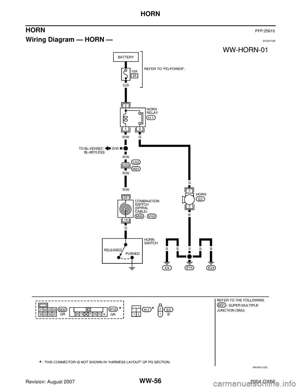 INFINITI QX56 2004  Factory Service Manual WW-56
HORN
Revision: August 20072004 QX56
HORNPFP:25610
Wiring Diagram — HORN — EKS007GB
WKWA3102E 