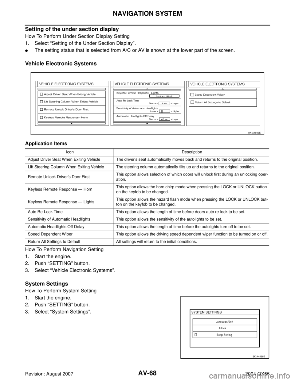 INFINITI QX56 2004  Factory Service Manual AV-68
NAVIGATION SYSTEM
Revision: August 20072004 QX56
Setting of the under section display
How To Perform Under Section Display Setting
1. Select “Setting of the Under Section Display”. 
The set