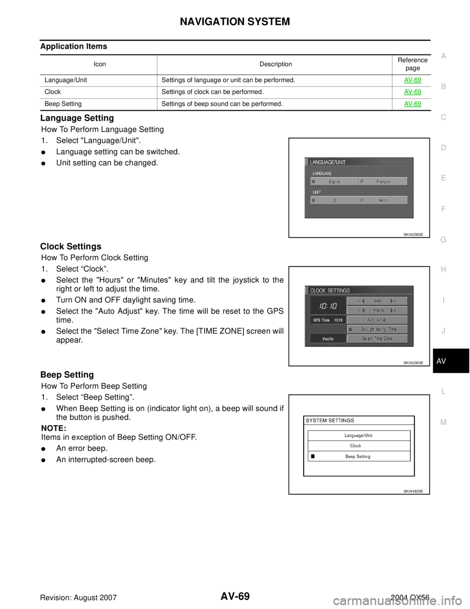 INFINITI QX56 2004  Factory Service Manual NAVIGATION SYSTEM
AV-69
C
D
E
F
G
H
I
J
L
MA
B
AV
Revision: August 20072004 QX56
Application Items
Language Setting
How To Perform Language Setting
1. Select "Language/Unit". 
Language setting can be