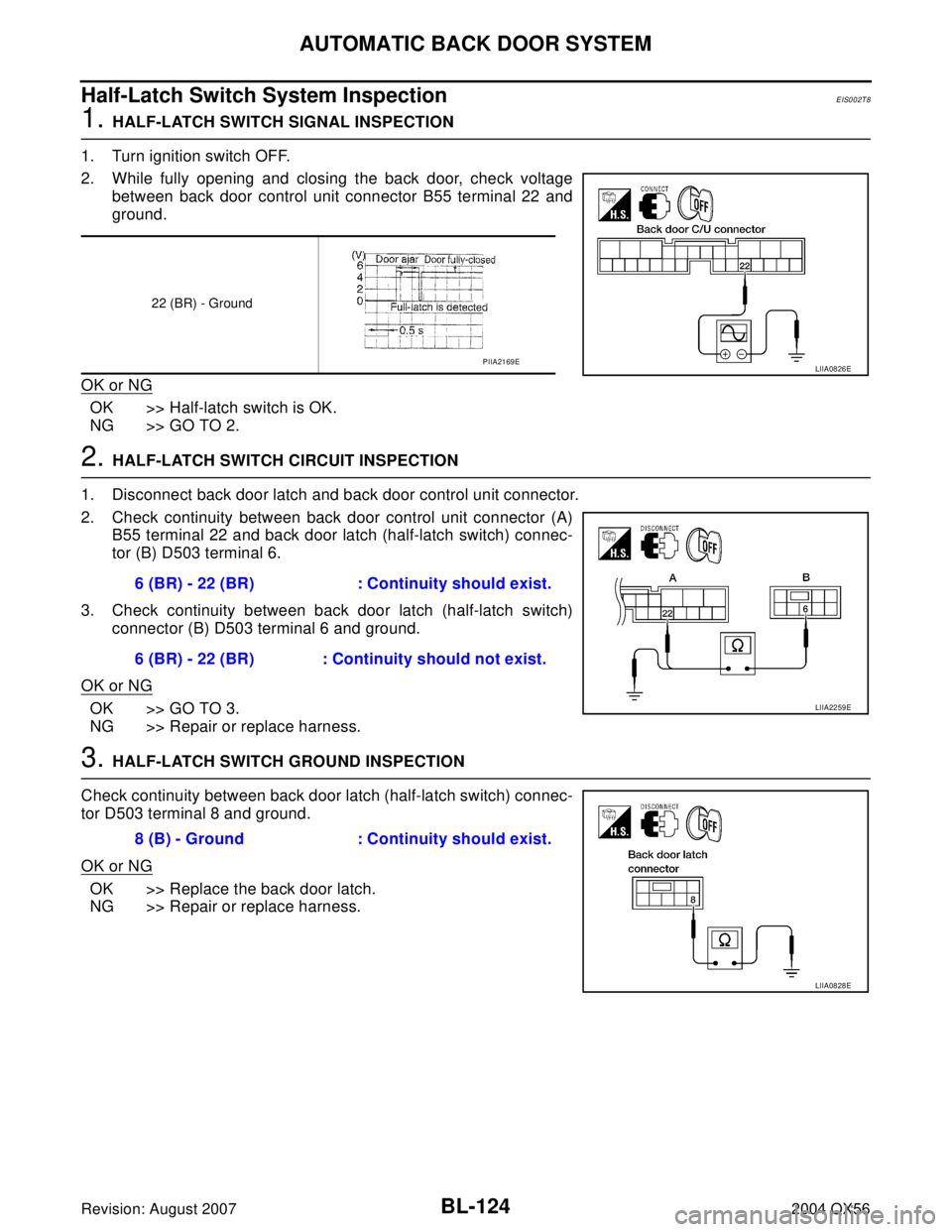 INFINITI QX56 2004  Factory Service Manual BL-124
AUTOMATIC BACK DOOR SYSTEM
Revision: August 20072004 QX56
Half-Latch Switch System InspectionEIS002T8
1. HALF-LATCH SWITCH SIGNAL INSPECTION
1. Turn ignition switch OFF.
2. While fully opening 