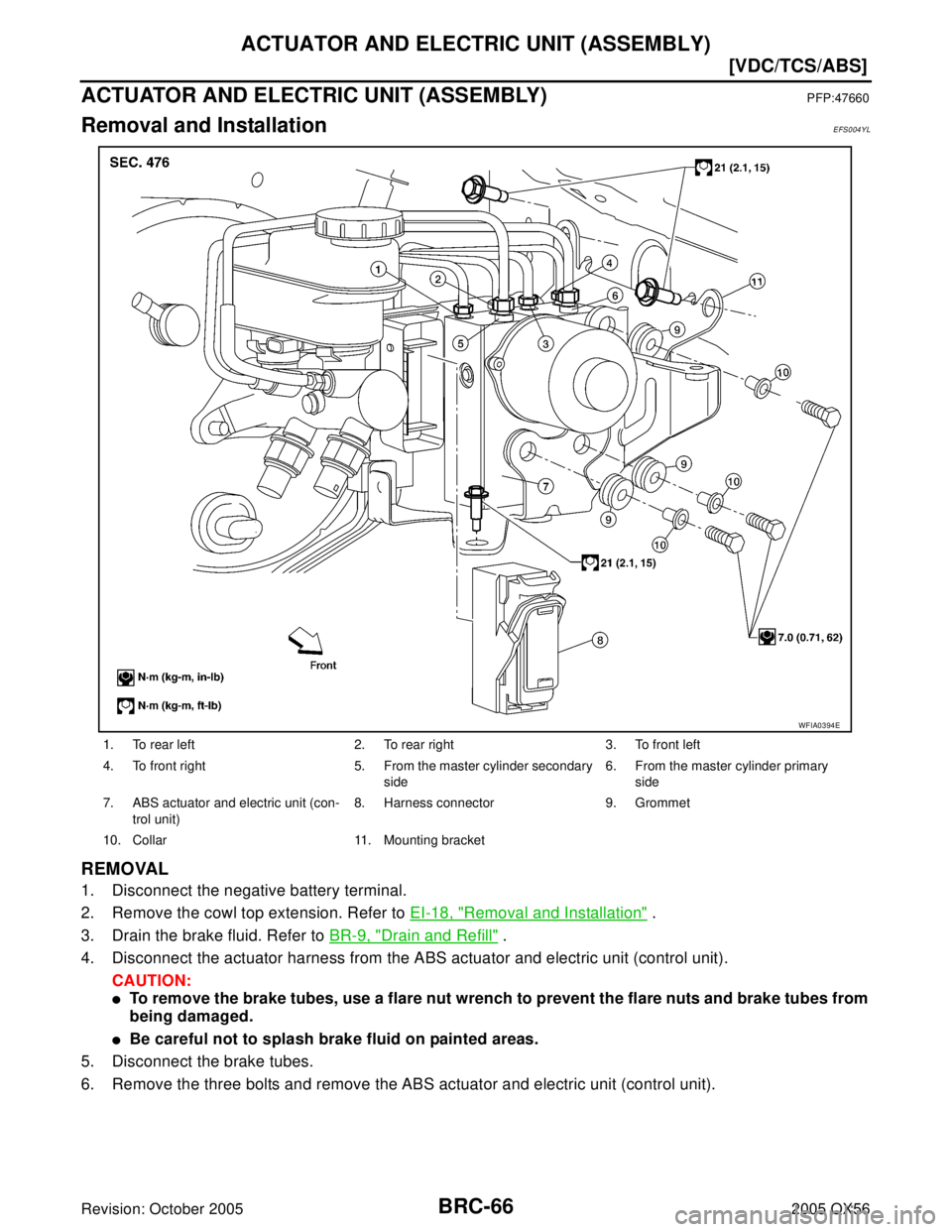 INFINITI QX4 2005  Factory Service Manual BRC-66
[VDC/TCS/ABS]
ACTUATOR AND ELECTRIC UNIT (ASSEMBLY)
Revision: October 20052005 QX56
ACTUATOR AND ELECTRIC UNIT (ASSEMBLY)PFP:47660
Removal and InstallationEFS004YL
REMOVAL
1. Disconnect the neg