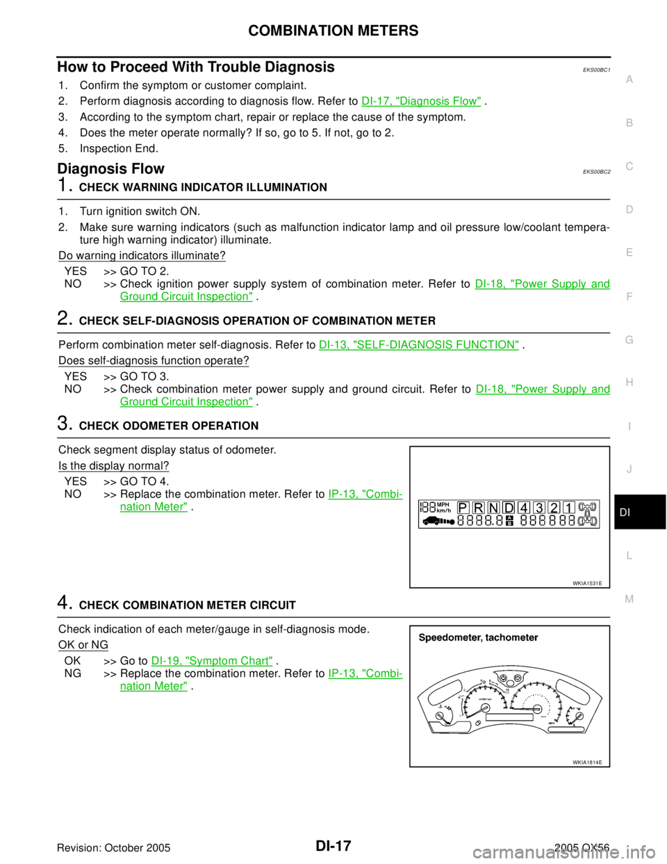 INFINITI QX4 2005 Factory Service Manual COMBINATION METERS
DI-17
C
D
E
F
G
H
I
J
L
MA
B
DI
Revision: October 20052005 QX56
How to Proceed With Trouble DiagnosisEKS00BC1
1. Confirm the symptom or customer complaint.
2. Perform diagnosis acco INFINITI QX4 2005 Factory Service Manual COMBINATION METERS
DI-17
C
D
E
F
G
H
I
J
L
MA
B
DI
Revision: October 20052005 QX56
How to Proceed With Trouble DiagnosisEKS00BC1
1. Confirm the symptom or customer complaint.
2. Perform diagnosis acco