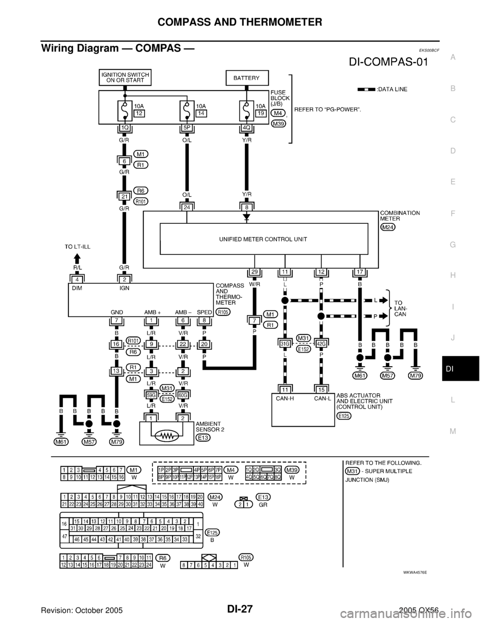 INFINITI QX4 2005  Factory Service Manual COMPASS AND THERMOMETER
DI-27
C
D
E
F
G
H
I
J
L
MA
B
DI
Revision: October 20052005 QX56
Wiring Diagram — COMPAS —EKS00BCF
WKWA4576E 