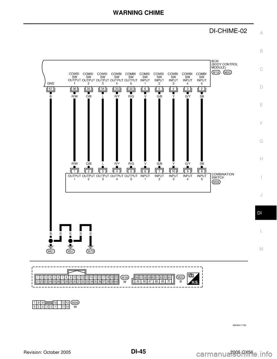 INFINITI QX4 2005  Factory Service Manual WARNING CHIME
DI-45
C
D
E
F
G
H
I
J
L
MA
B
DI
Revision: October 20052005 QX56
WKWA1175E 