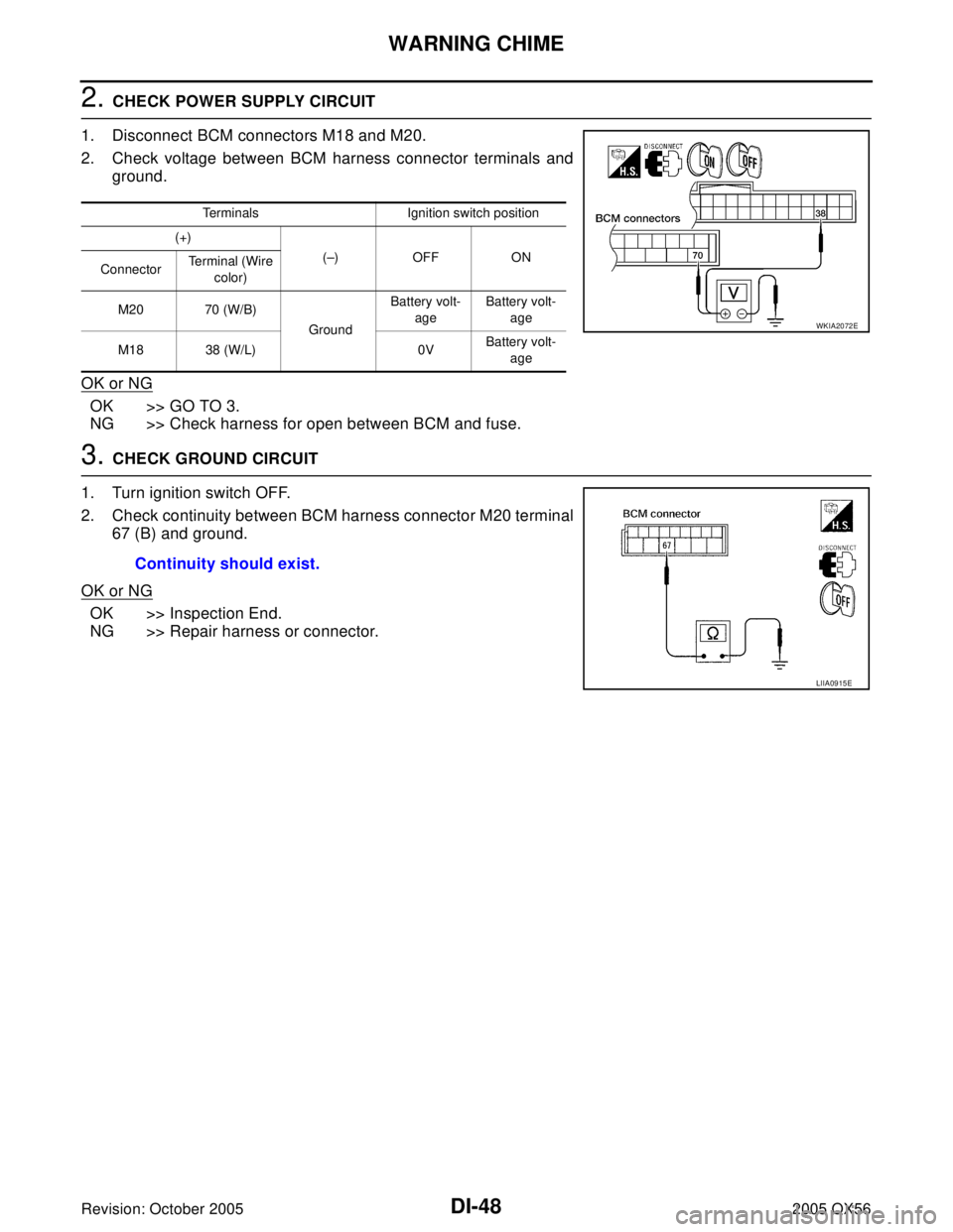INFINITI QX4 2005  Factory Service Manual DI-48
WARNING CHIME
Revision: October 20052005 QX56
2. CHECK POWER SUPPLY CIRCUIT
1. Disconnect BCM connectors M18 and M20.
2. Check voltage between BCM harness connector terminals and
ground.
OK or N
