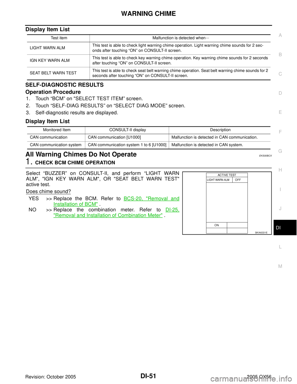 INFINITI QX4 2005  Factory Service Manual WARNING CHIME
DI-51
C
D
E
F
G
H
I
J
L
MA
B
DI
Revision: October 20052005 QX56
Display Item List
SELF-DIAGNOSTIC RESULTS
Operation Procedure
1. Touch “BCM” on "SELECT TEST ITEM” screen.
2. Touch 