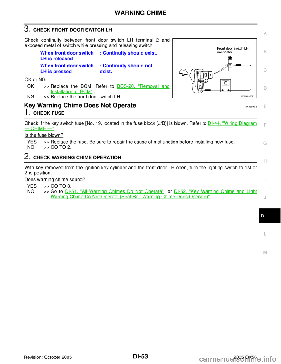 INFINITI QX4 2005  Factory Service Manual WARNING CHIME
DI-53
C
D
E
F
G
H
I
J
L
MA
B
DI
Revision: October 20052005 QX56
3. CHECK FRONT DOOR SWITCH LH
Check continuity between front door switch LH terminal 2 and
exposed metal of switch while p